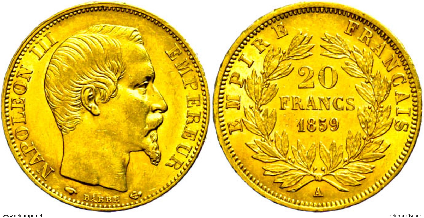 20 Francs, Gold, 1859, Napoleon III., Fb. 573, Wz. Rf., Avers Ss-vz, Revers Vz. - Other & Unclassified