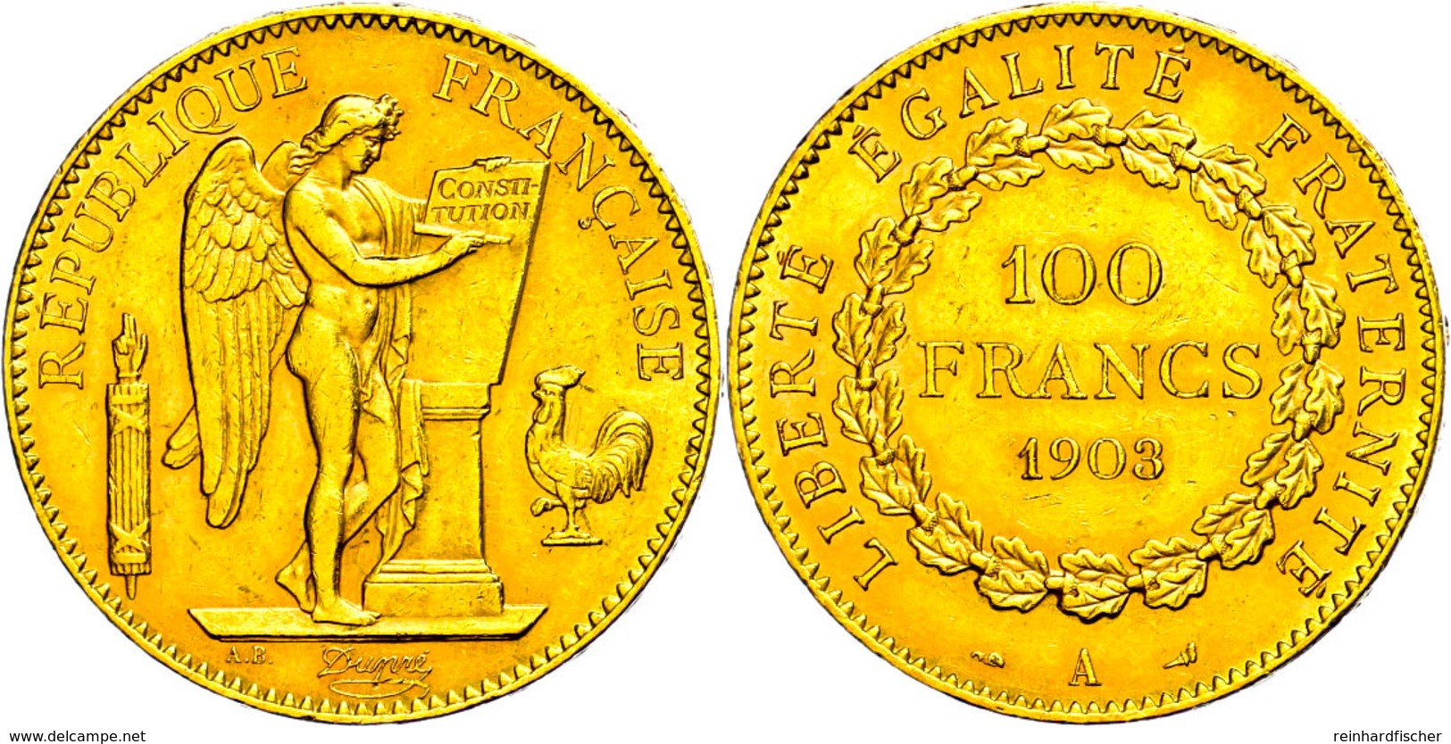 100 Francs, Gold, 1908, Stehender Genius, Fb. 590, Kl. Rf., Ss-vz.  Ss-vz - Altri & Non Classificati