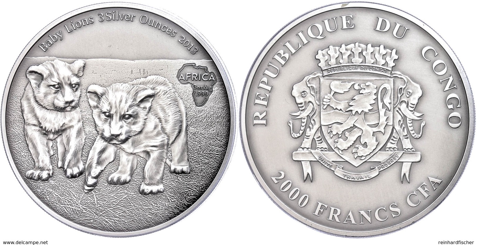 2.000 Francs, 2013, Africa - Babylöwen, 3 Unzen Silber, Antik Finish, In Kapsel Mit Zertifikat, St. Auflage Nur 500 Stüc - Gabon