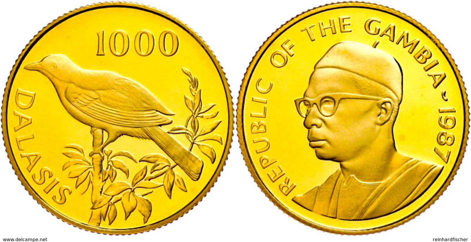 1000 Dalasis, Gold, 1987, Gambia-Schneeballwürger, 9,14g Fein, KM 25, In Kapsel, Mit WWF-Zertifikat, PP. Auflage 5000 St - Gambia