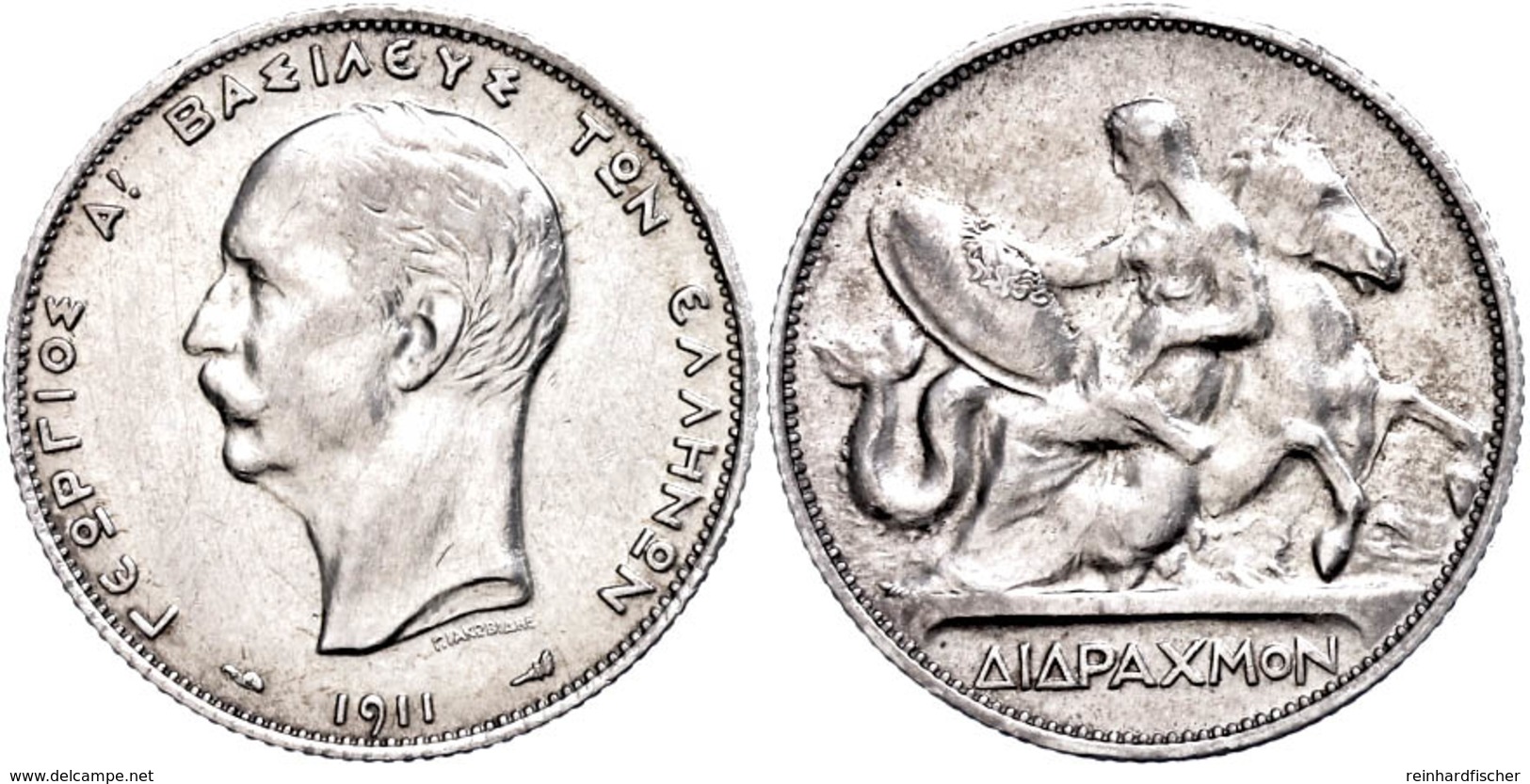 2 Drachmen, 1911, Georg I., KM 61, Avers Leicht Berieben, F. Vz. - Grecia