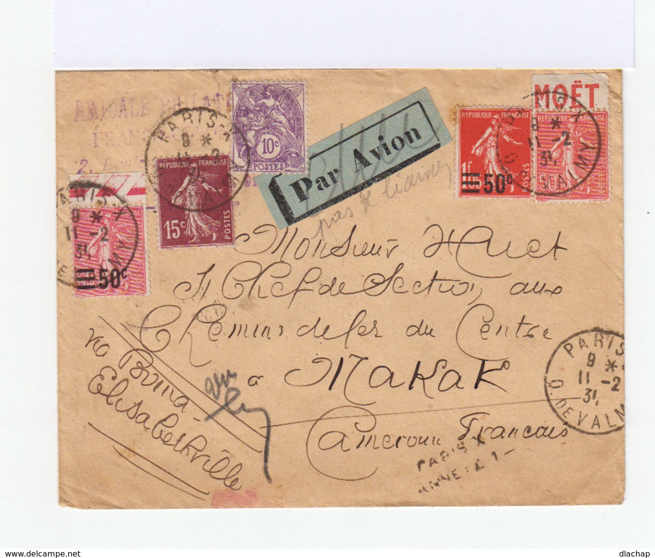 Sur Enveloppe Par Avion Pour Le Cameroun Deux Types Semeuses Rurchargés, Un Type Blanc 10 C. Violet. CAD 1931. (774) - 1921-1960: Période Moderne