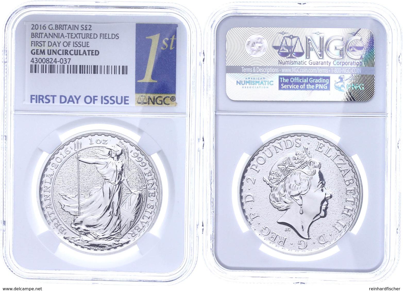 2 Pounds, 2016, Britannia, In Slab Der NGC Mit Der Bewertung Gem Uncirculated, Textured Fields, First Day Of Issue Label - Altri & Non Classificati