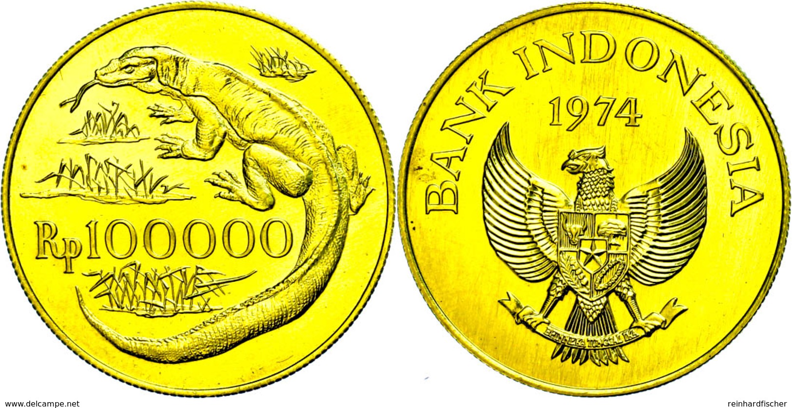 100000 Rupien, Gold, 1974, Komodovaran, Fb. 6, Leicht Berieben, Vz-st.  Vz-st - Indonesia