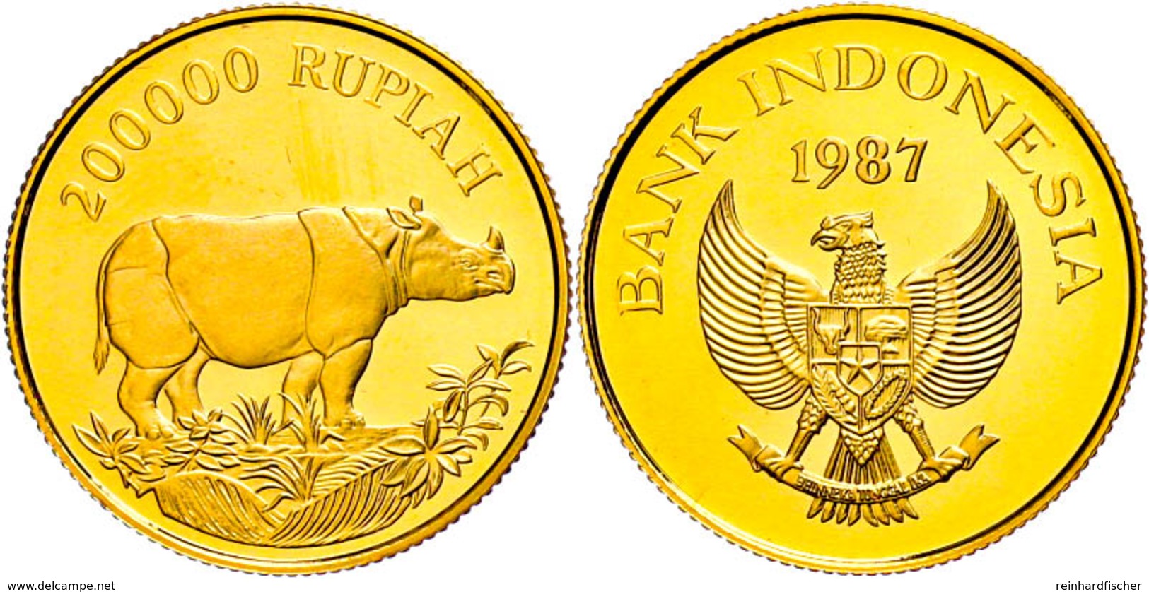 200000 Rupien, Gold, 1987, Java-Nashorn, 9,39g Fein, KM 46, In Kapsel, Mit WWF-Zertifikat, PP. Auflage 5000 Stück.  PP - Indonesia