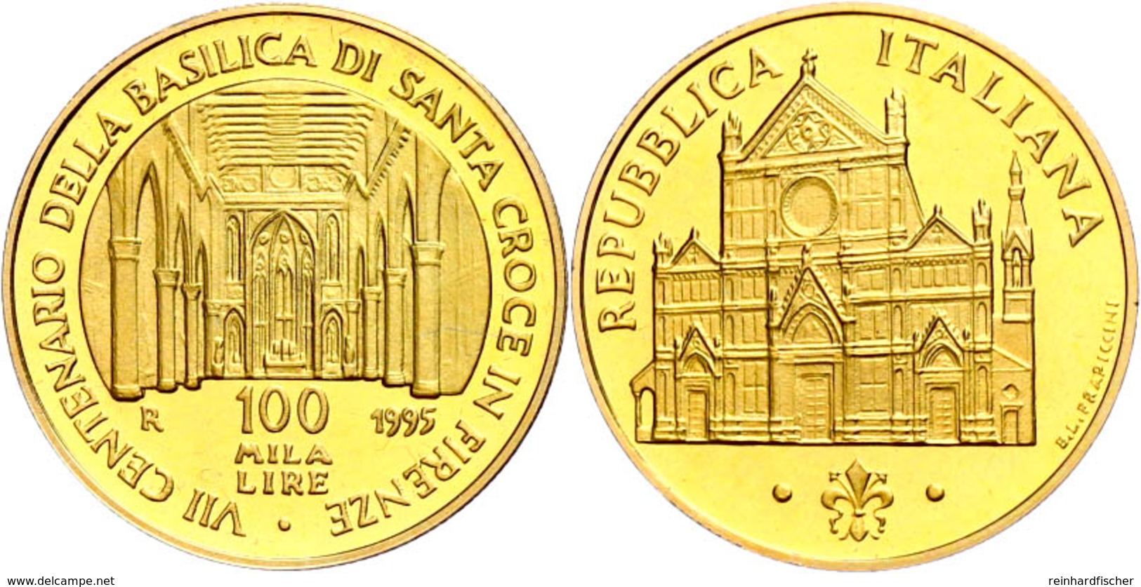 100 000 Lire, Gold, 1995, 700 Jahre Basilica Di Santa Croce Zu Florenz, 13,5 G Fein, Fb. 1528, In Kapsel, In Ausgabescha - Altri & Non Classificati