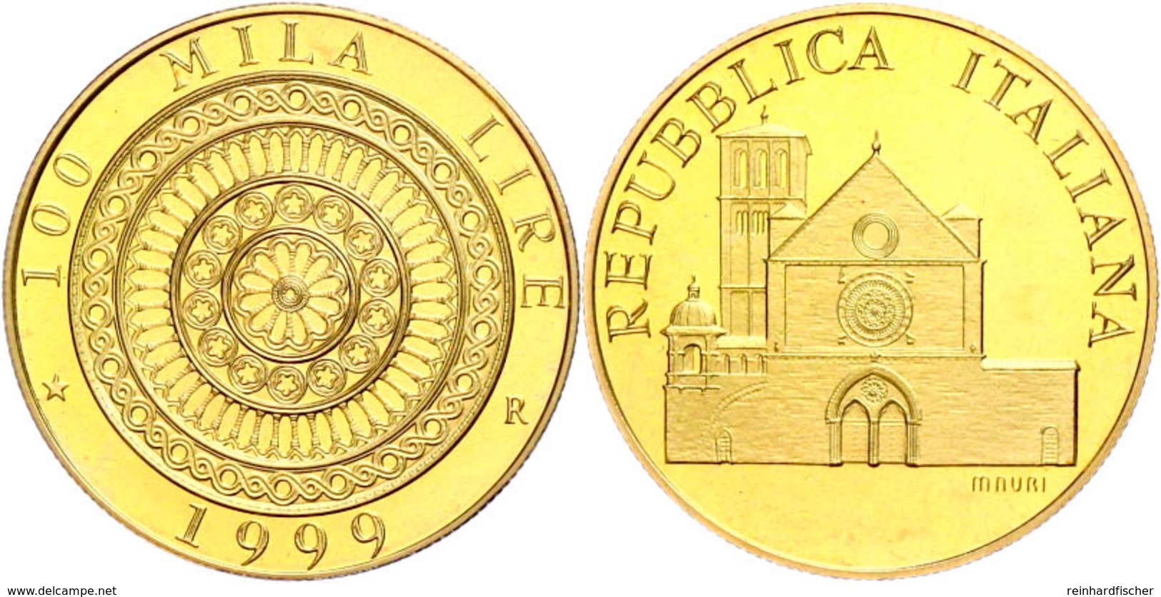 100 000 Lire, Gold, 1999, Wiedereröffnung Der Basilica Di San Francesco Und Der Stadttore Von Assisi, 13,5 G Fein, Fb. 1 - Altri & Non Classificati