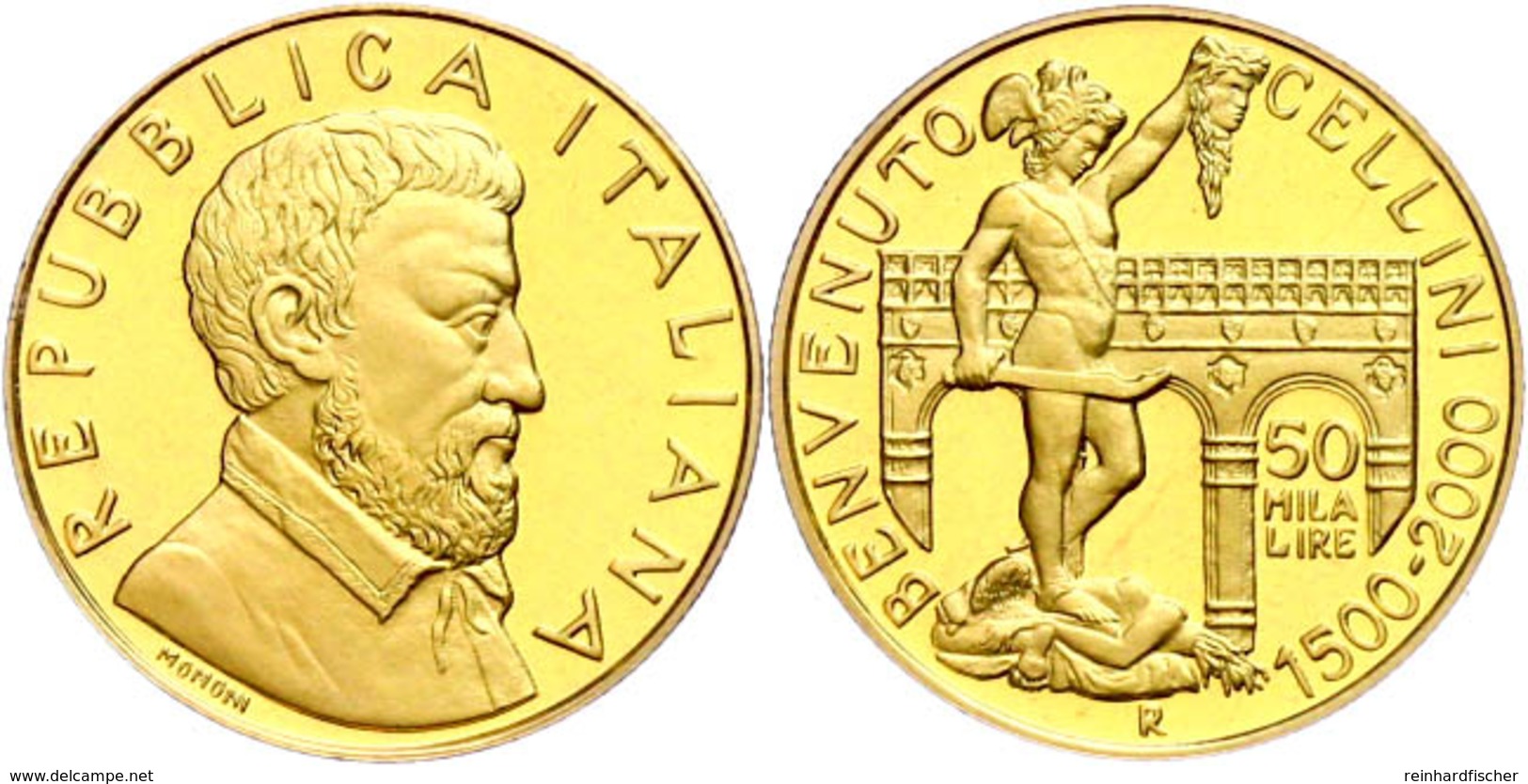 50 000 Lire, Gold, 2000, 500. Geburtstag Von Benvenuto Cellini, 6,75 G Fein, Fb. 1539, In Kapsel, In Ausgabeschatulle De - Sonstige & Ohne Zuordnung