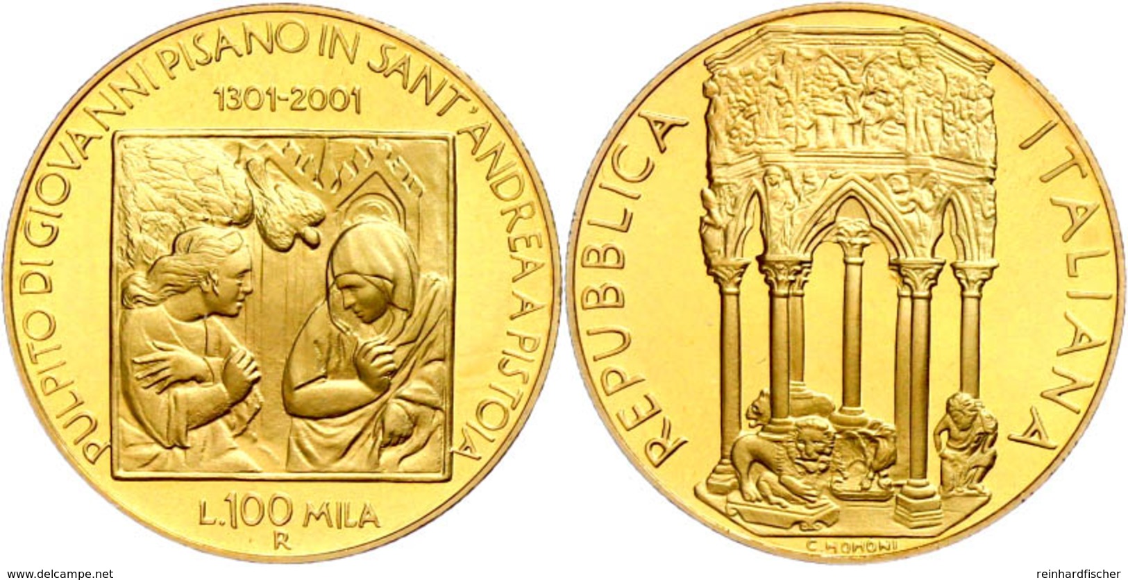 100 000 Lire, Gold, 2001, 700 Jahre Kanzel Der Chiesa Di Sant'Andrea In Pistoia, 13,5 G Fein, Fb. 1540, In Kapsel, In Au - Altri & Non Classificati