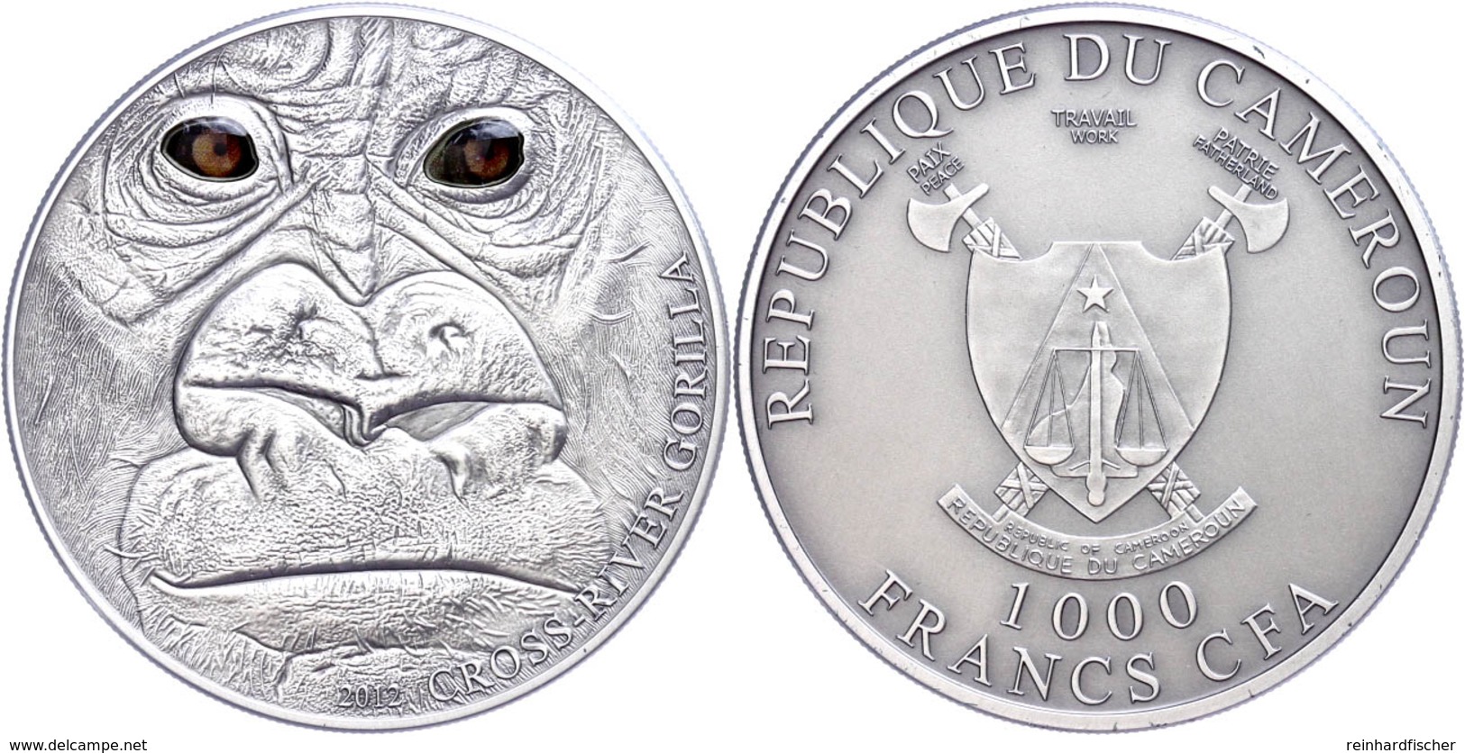 1.000 Francs, 2012, Cross River Gorilla, 1 Unze Silber, Antik Finish, Etui Mit OVP Und Zertifikat, St. Auflage Nur 1.000 - Camerun