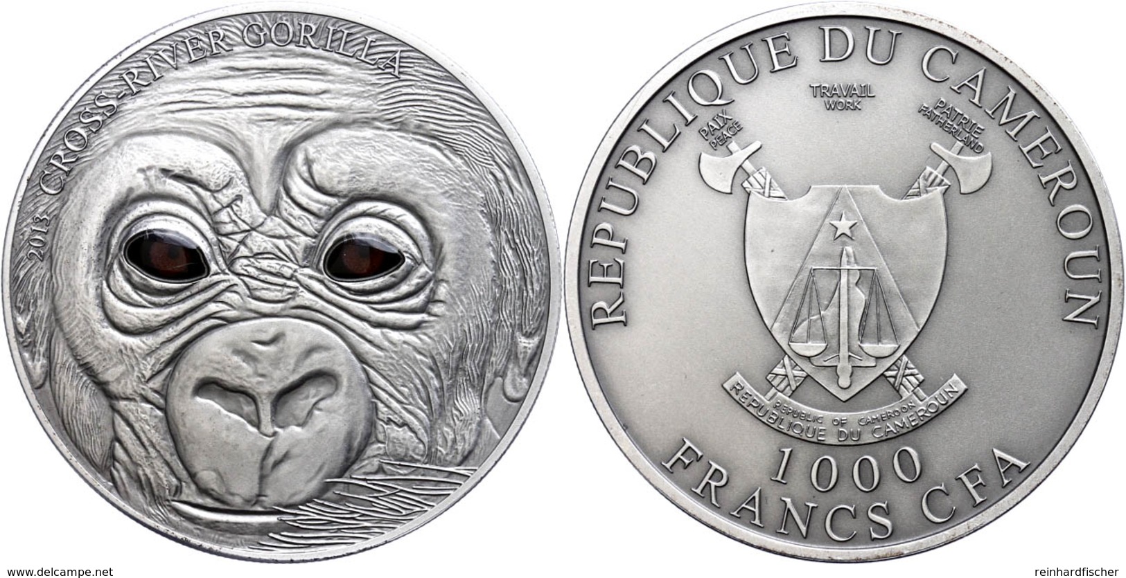 1.000 Francs, 2013, Baby Gorilla, 1 Unze Silber, Antik Finish, Real Eye Effect, Etui Mit OVP Und Zertifikat, St. Auflage - Cameroon