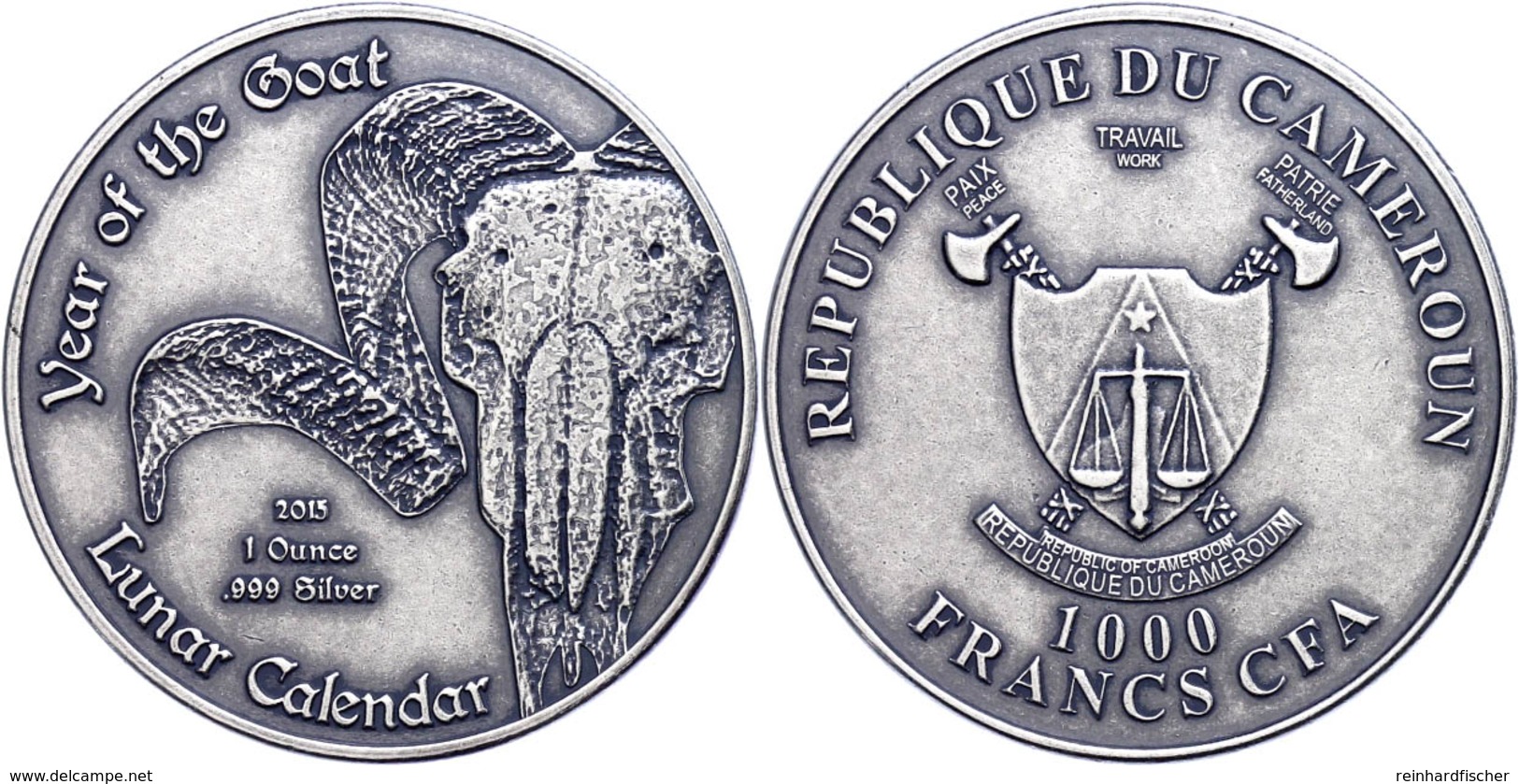 2.000 Francs, 2015, Lunar - Jahr Der Ziege, 1 Unze Silber, Antik Finish, In Kapsel, St  St - Cameroon