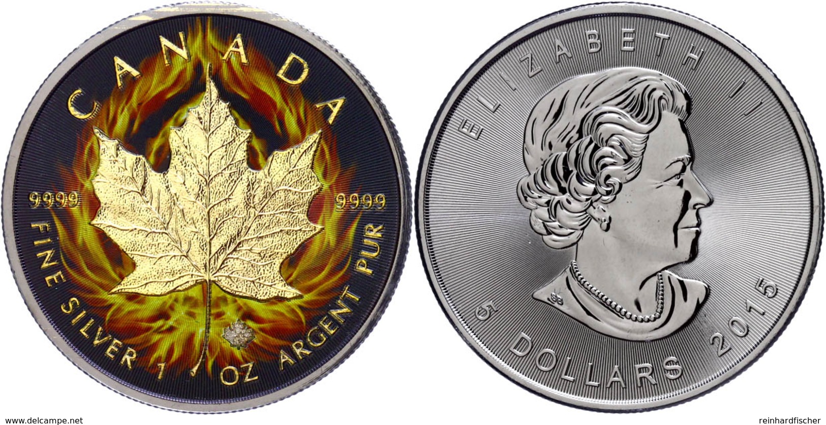 5 Dollars, 2015, Burning Maple Leaf, 1 Unzen Silber, Black Ruhenium Finish, Vergoldet, Etui Mit OVP Und Zertifikat, St A - Canada