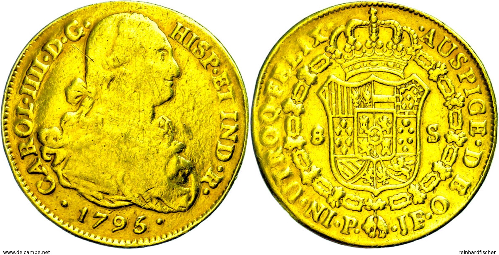 8 Escudos, Gold, 1795, Karl IV., Popayan, KM 62.2, Fassungsspuren, S.  S - Colombia