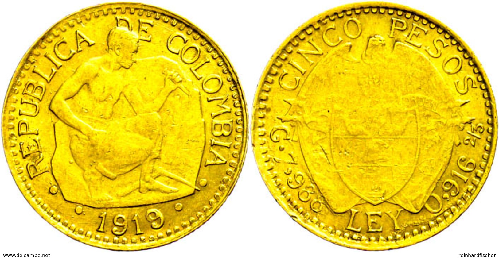 5 Pesos, Gold, 1919, Fb. 110, Ca. 7,9g Fein, Ss.  Ss - Colombia