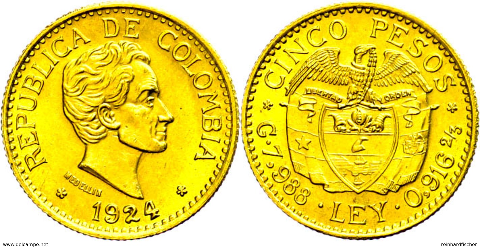 5 Pesos, Gold, 1924, Fb. 115, Ca. 7,31g Fein, Avers Vz, Revers Vz-st.  Vz - Kolumbien