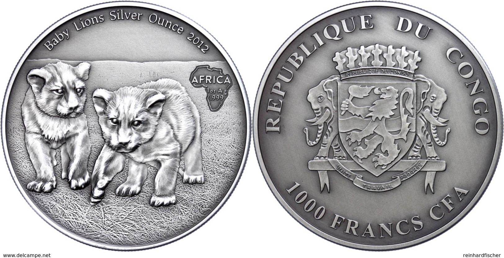 1.000 Francs, 2013, Africa - Babylöwen, 1 Unzen Silber, Antik Finish, In Kapsel Mit Zertifikat, St. Auflage Nur 2.000 St - Congo (Democratic Republic 1964-70)