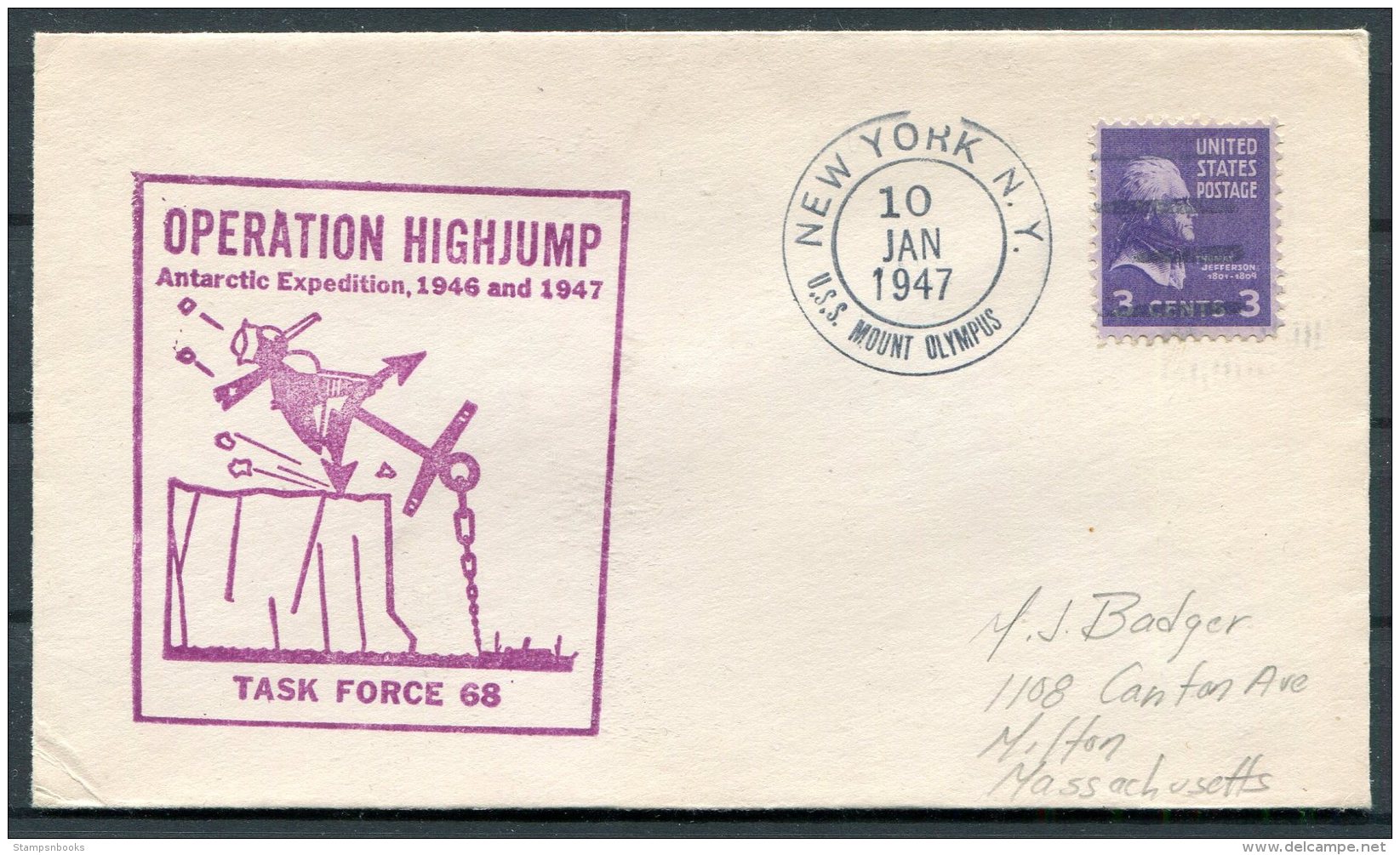1947 USA Operation Highjump Antarctic Polar Expedition. USS Mount Olympus US Navy Ship Cover - Antarctic Expeditions