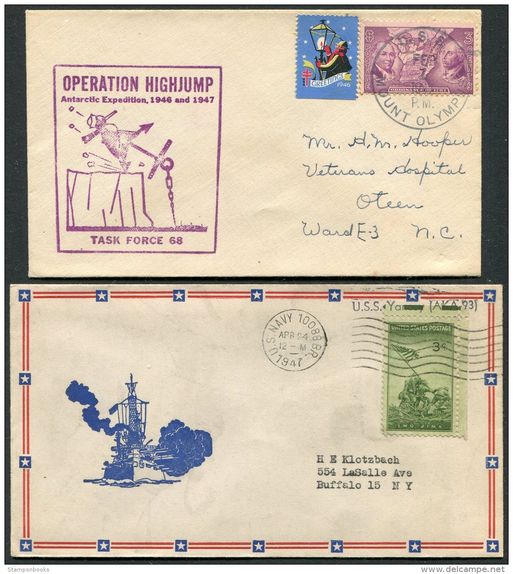 1947 USA 2 X Operation Highjump Antarctic Polar Expedition Covers. USS Mount Olympus + U.S.S. Yancey US Navy Ships - Antarctic Expeditions