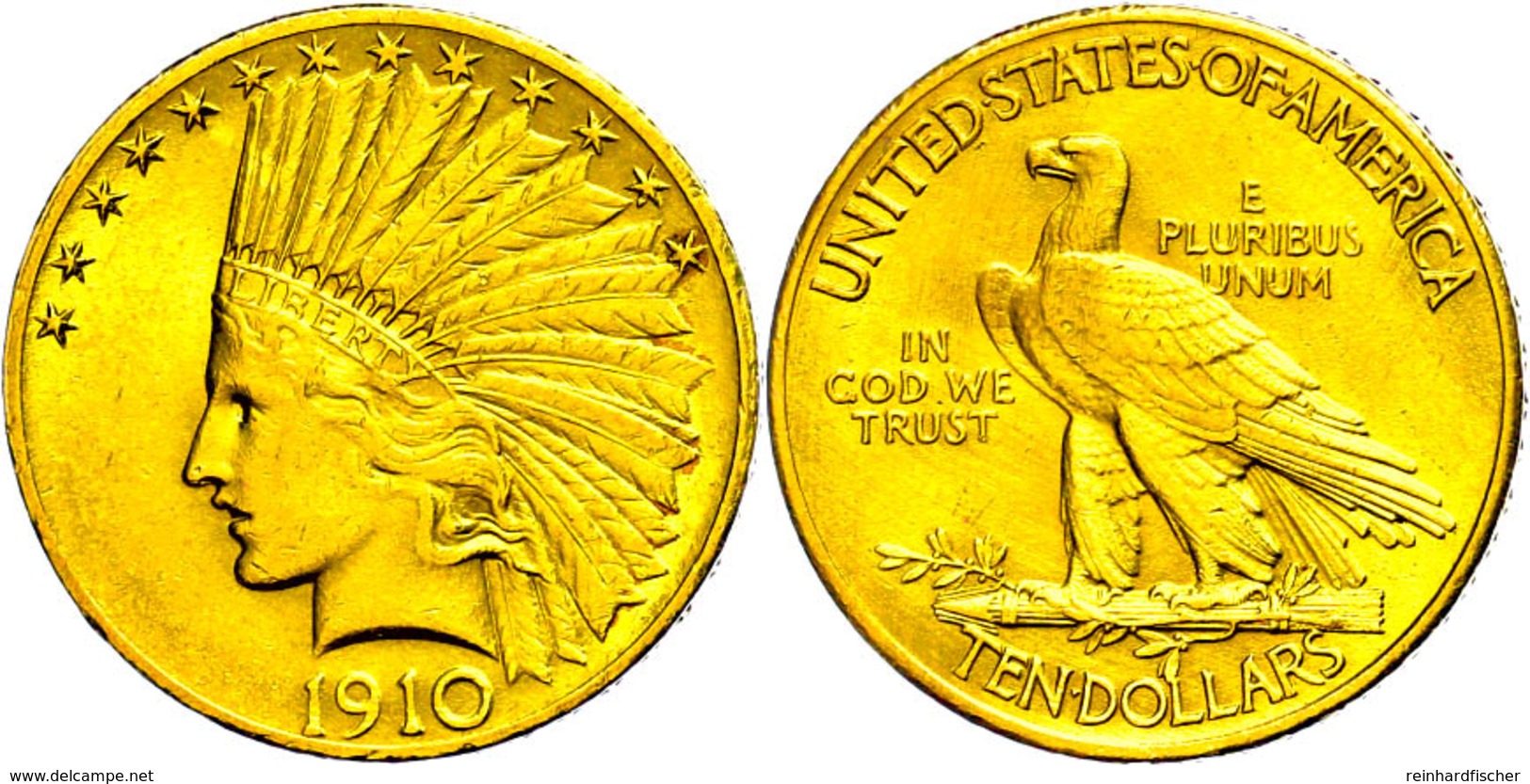 10 Dollars, Gold, 1910, Indian Head, Fb. 166, Revers Berieben, Ss-vz.  Ss-vz - Altri & Non Classificati