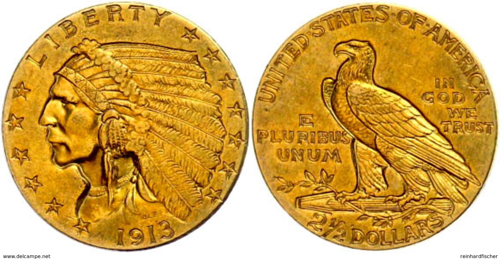 2 1/2 Dollars, Gold, 1913, Indian Head, Fb. 120, Ss-vz.  Ss-vz - Altri & Non Classificati