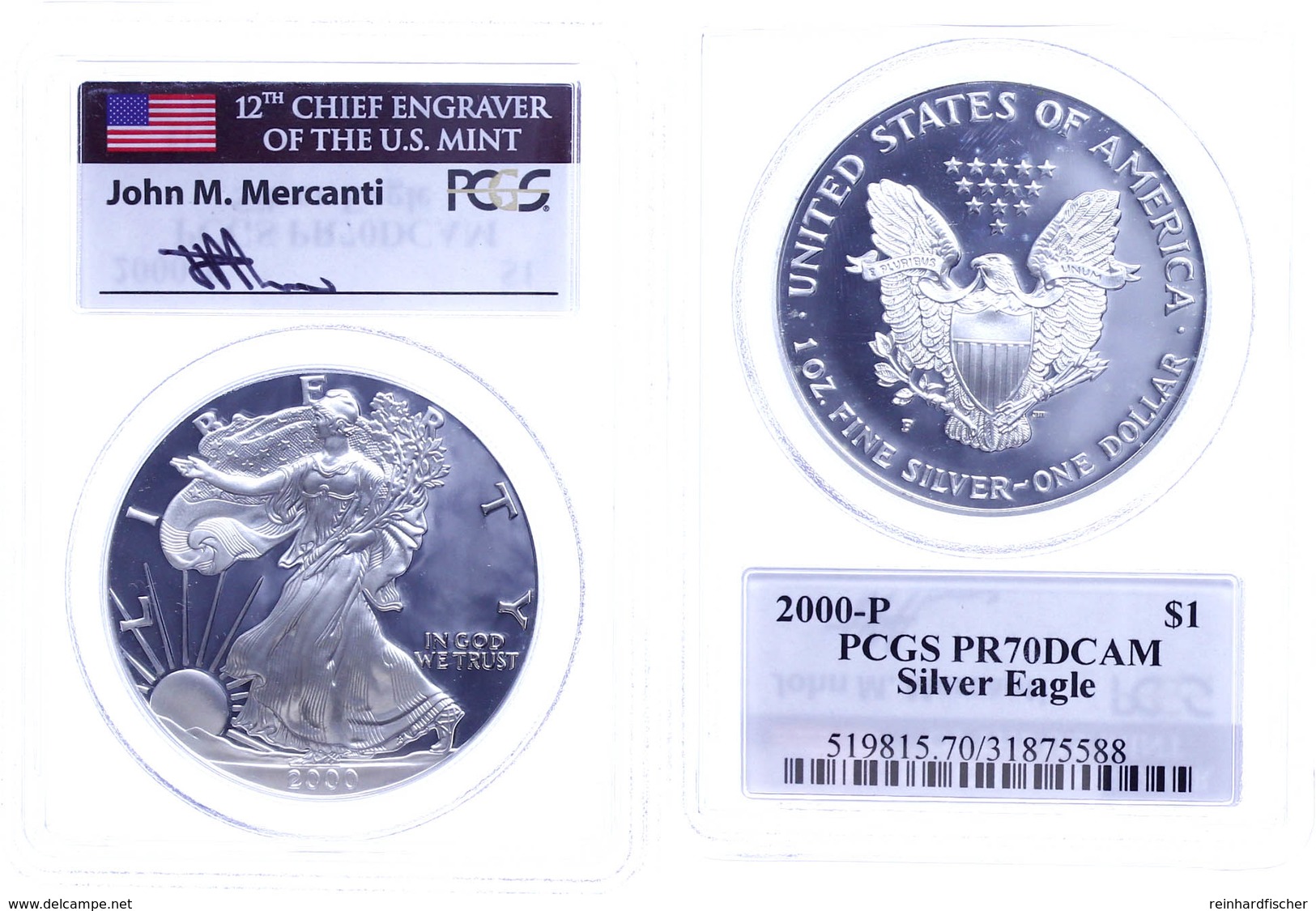 1 Dollar, 2000, P, Silver Eagle, In Slab Der PCGS Mit Der Bewertung PR70DCAM, Mercanti Label. - Altri & Non Classificati