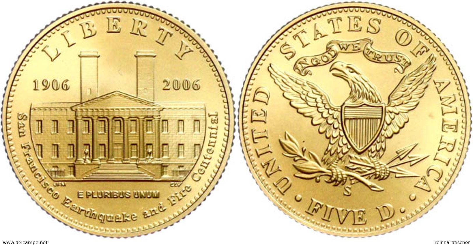 5 Dollars, Gold, 2006, 100. Jahrestag Des Erdbebens Von San Francisco, 900er Gold, 8,359 G, KM 395, Schön 390, In Kapsel - Other & Unclassified