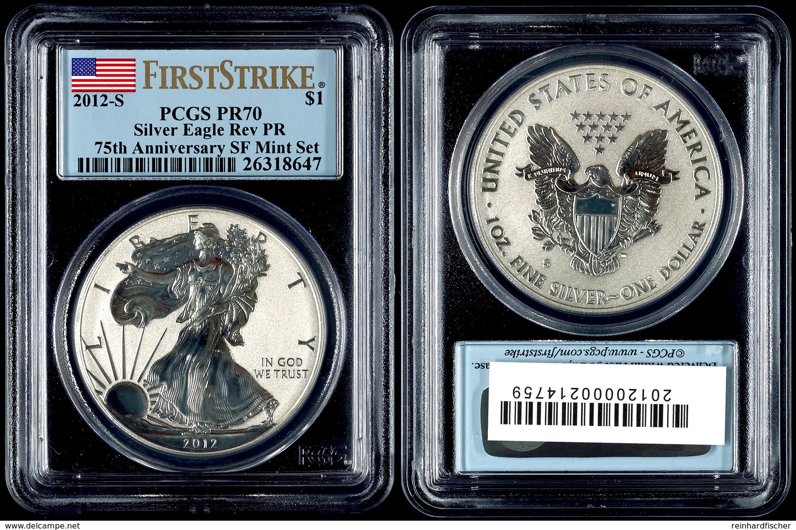 1 Dollar, 2012, S, Silver Eagle, In Slab Der PCGS Mit Der Bewertung PR70, 75. Jahrestag SF Mint Set, Revers Proof, First - Altri & Non Classificati