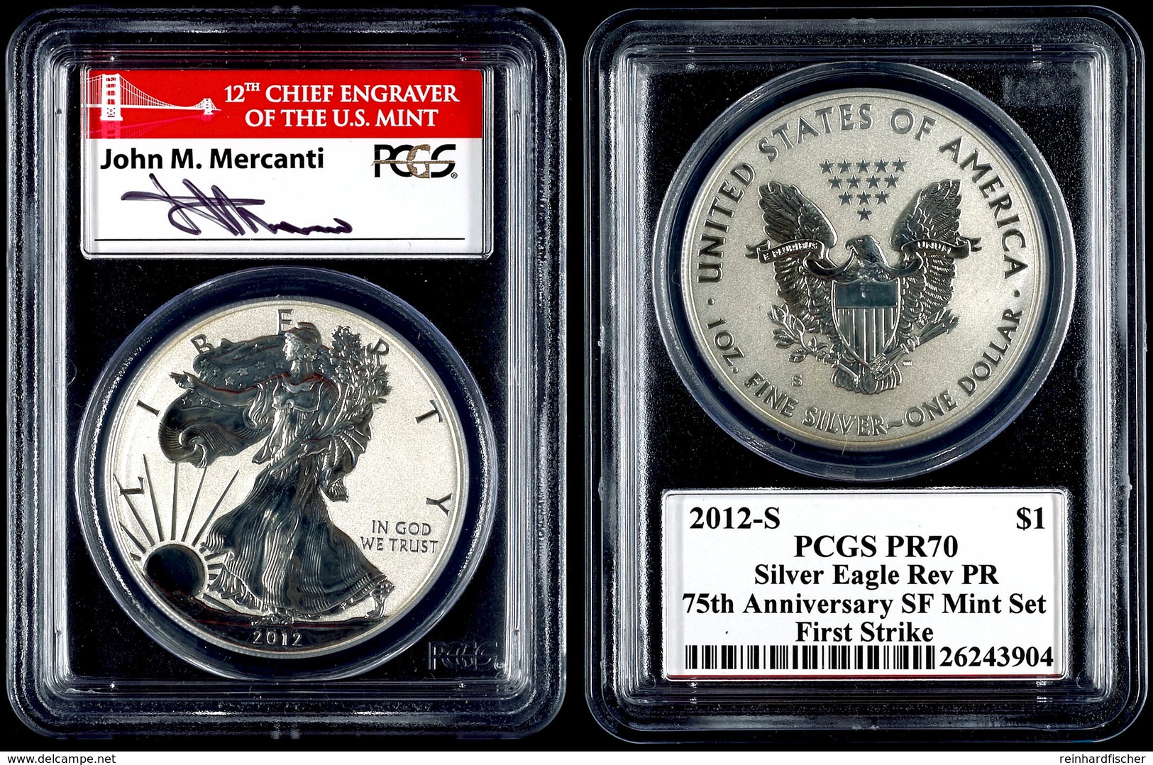 Dollar, 2012, S, Silver Eagle, In Slab Der PCGS Mit Der Bewertung PR70DCAM, 75. Jahrestag SF Mint Set, Reverse Proof, Fi - Other & Unclassified