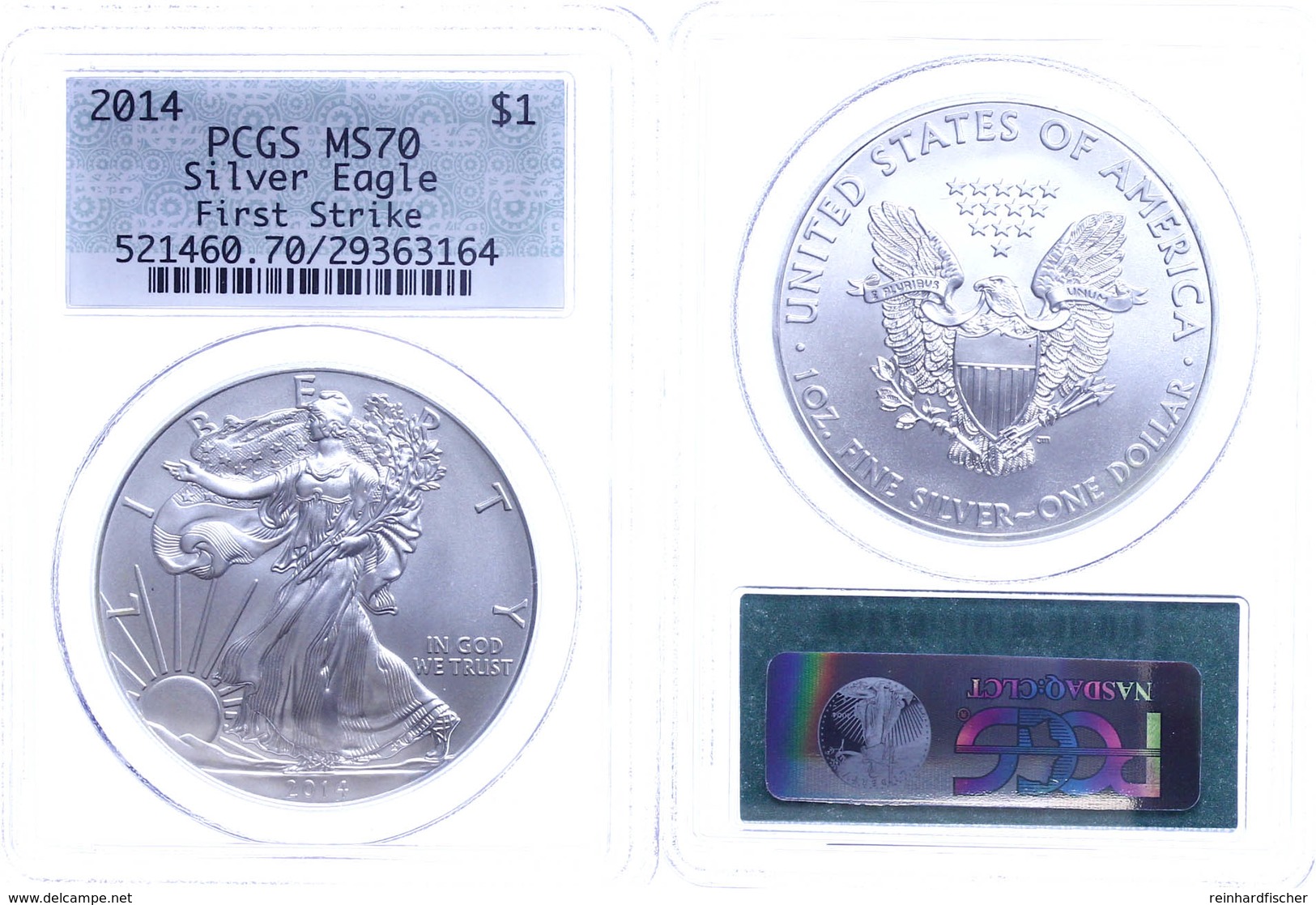 Dollar, 2014, Silver Eagle, In Slab Der PCGS Mit Der Bewertung MS70, First Strike, Grünes Retro Label. - Altri & Non Classificati