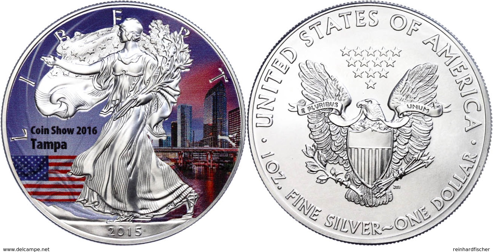 1 Dollar, 2015 (Fehlprägung, Müsste 2016 Sein), Silver Eagle - Coin Show Tampa 2016, Je 1 Unze Silber, Coloriert, Nur In - Altri & Non Classificati