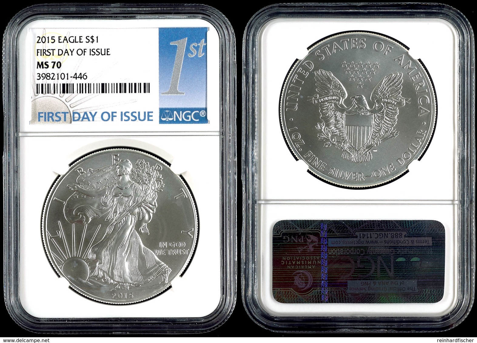 Dollar, 2015, Silver Eagle, In Slab Der NGC Mit Der Bewertung MS70, First Day Of Issue Label. - Other & Unclassified