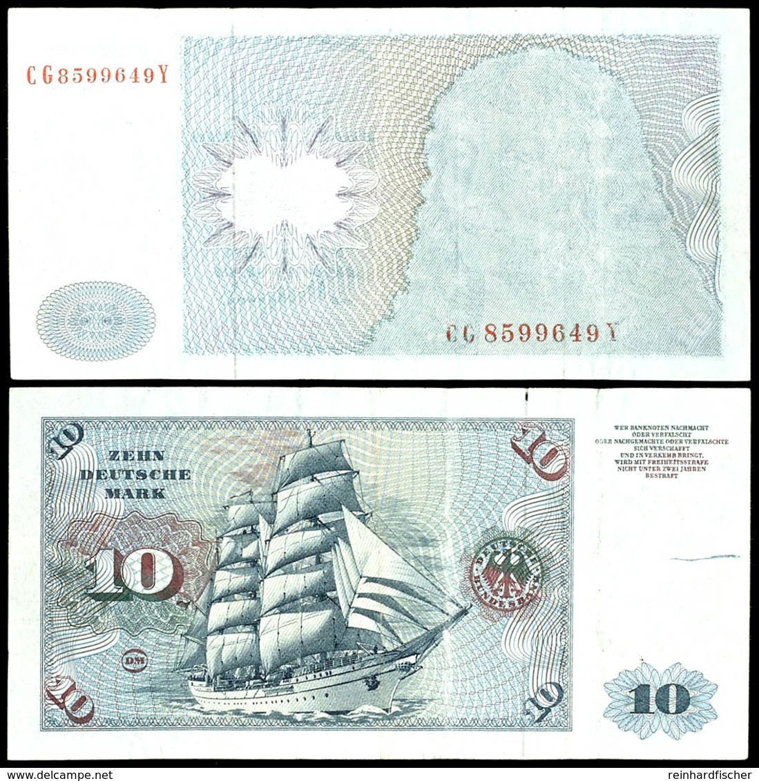 10 Deutsche Mark, Fehldruck, Bundesbanknote, 1.6.1977, Serie BBk IA (Gemäldeserie), KN CG8599649Y, Nur Die Rückseite Mit - Sonstige & Ohne Zuordnung