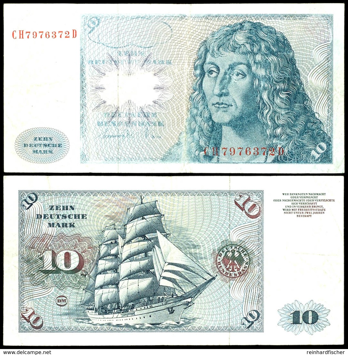 10 Deutsche Mark, Fehldruck, Bundesbanknote, 1.6.1977, Serie BBk IA (Gemäldeserie), KN CH7976372D, Vorderseite Nur Mit B - Other & Unclassified