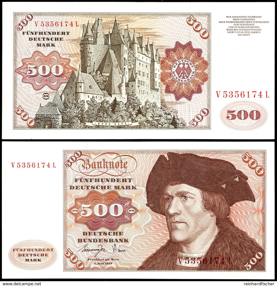 500 Deutsche Mark, 1.6.1977, Bundesbanknote, Serie V 5356174 L, Ro. 279 A, Erhaltung II., Katalog: Ro.279a II - Sonstige & Ohne Zuordnung