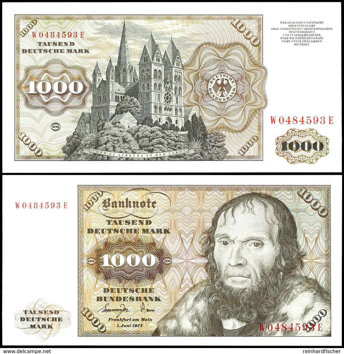 1000 Deutsche Mark, Bundesbanknote, 1.6.1977, W 0484593 E, Ro. 280 A, Minimaler Farbabdruck Rechte Obere Ecke, Sonst Kas - Sonstige & Ohne Zuordnung