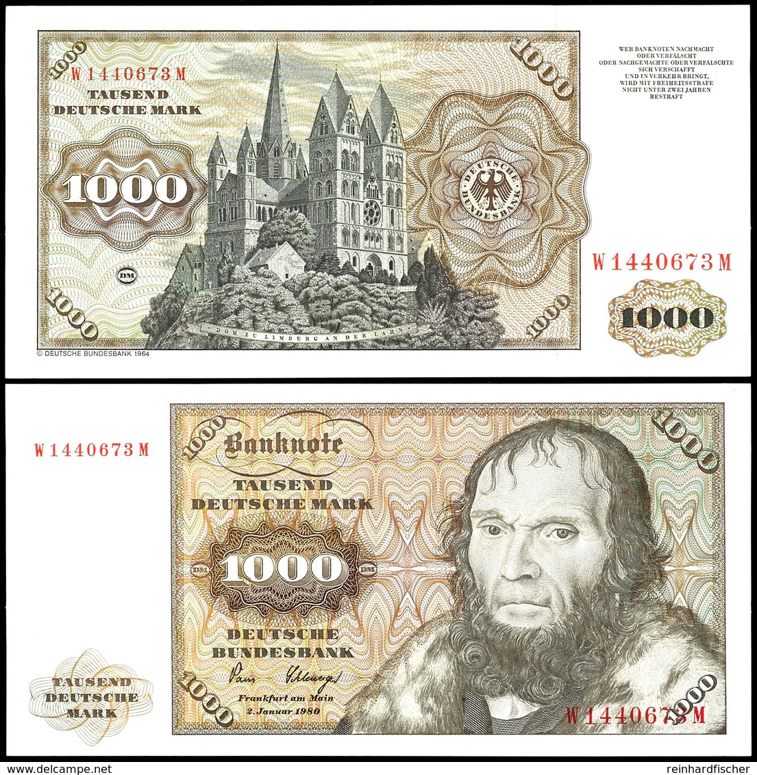 1000 Deutsche Mark, 2.1.1980, Bundesbanknote, Serie W 1440673M, Ro. 291 A, Erhaltung I-II., Katalog: Ro.291a I-II - Sonstige & Ohne Zuordnung