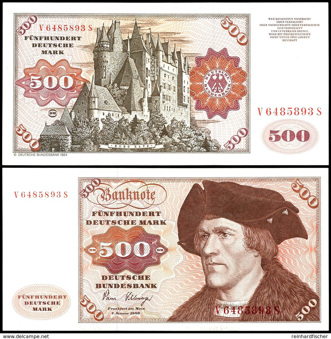 500 Deutsche Mark, Bundesbanknote, 2.1.1980, V 6485893 S, Ro. 290 A, Erhaltung I-II., Katalog: Ro.290a I-II - Other & Unclassified