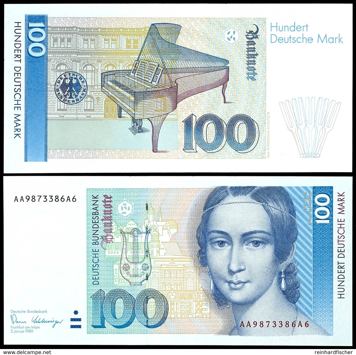 100 Deutsche Mark, Bundesbanknote, 2.1.1989, Serie AA9873386A6, Ro. 294 A, Erhaltung I., Katalog: Ro.294a I - Sonstige & Ohne Zuordnung