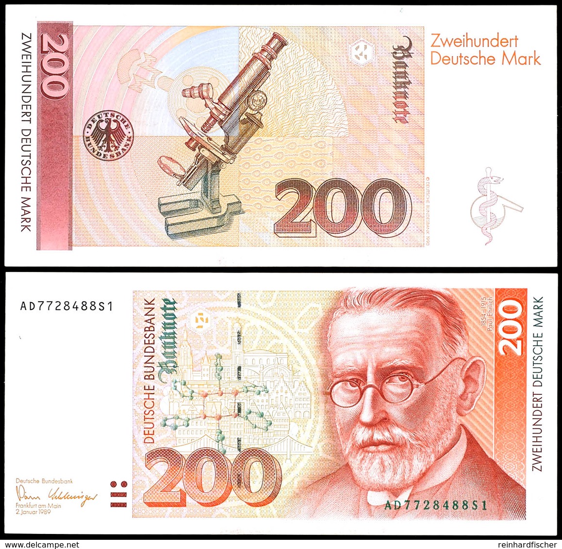 200 Deutsche Mark, 2.1.1989, Bundesbanknote, Serie AD 7728488S1, Ro. 295 A, Erhaltung I-II., Katalog: Ro.295a I-II - Other & Unclassified