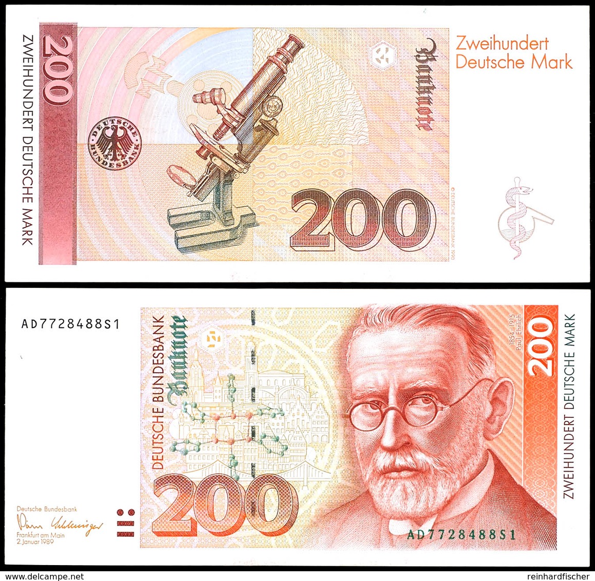 200 Deutsche Mark, 2.1.1989, Bundesbanknote, Serie AD 7728488S1, Ro. 295 A, Erhaltung I-II., Katalog: Ro.295a I-II - Altri & Non Classificati