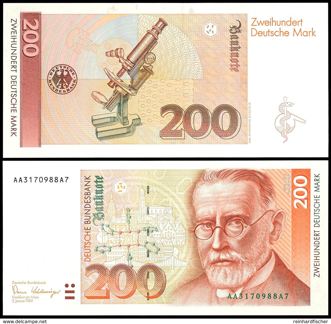 200 Deutsche Mark, Bundesbanknote, 2.1.1989, Serie AA3170988A7, Ro. 295 A, Erhaltung I., Katalog: Ro.295a I - Other & Unclassified