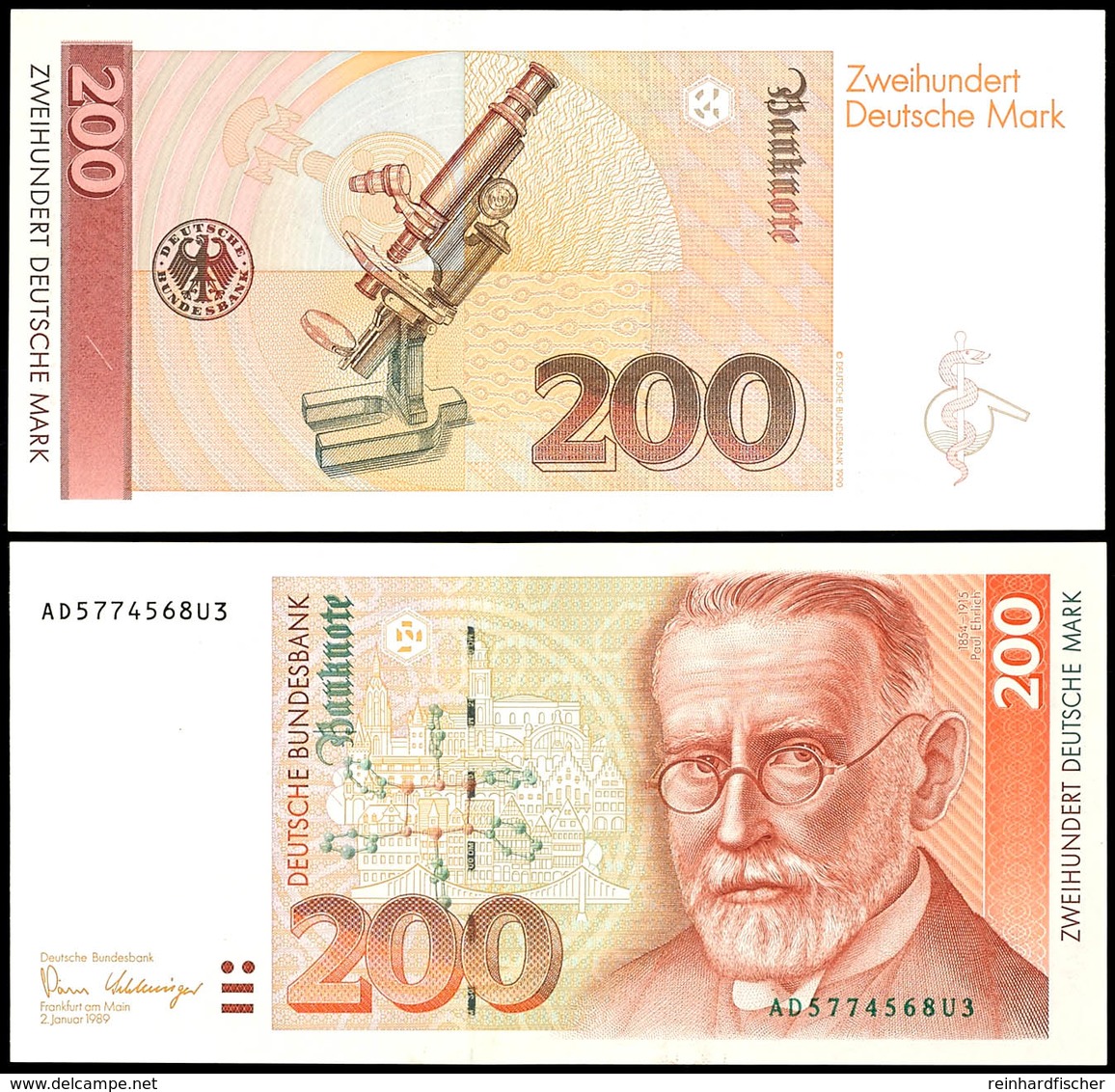 200 Deutsche Mark, Bundesbanknote, 2.1.1989, Serie AD5774568U3, Ro. 295 A, Erhaltung I., Katalog: Ro.295a I - Sonstige & Ohne Zuordnung