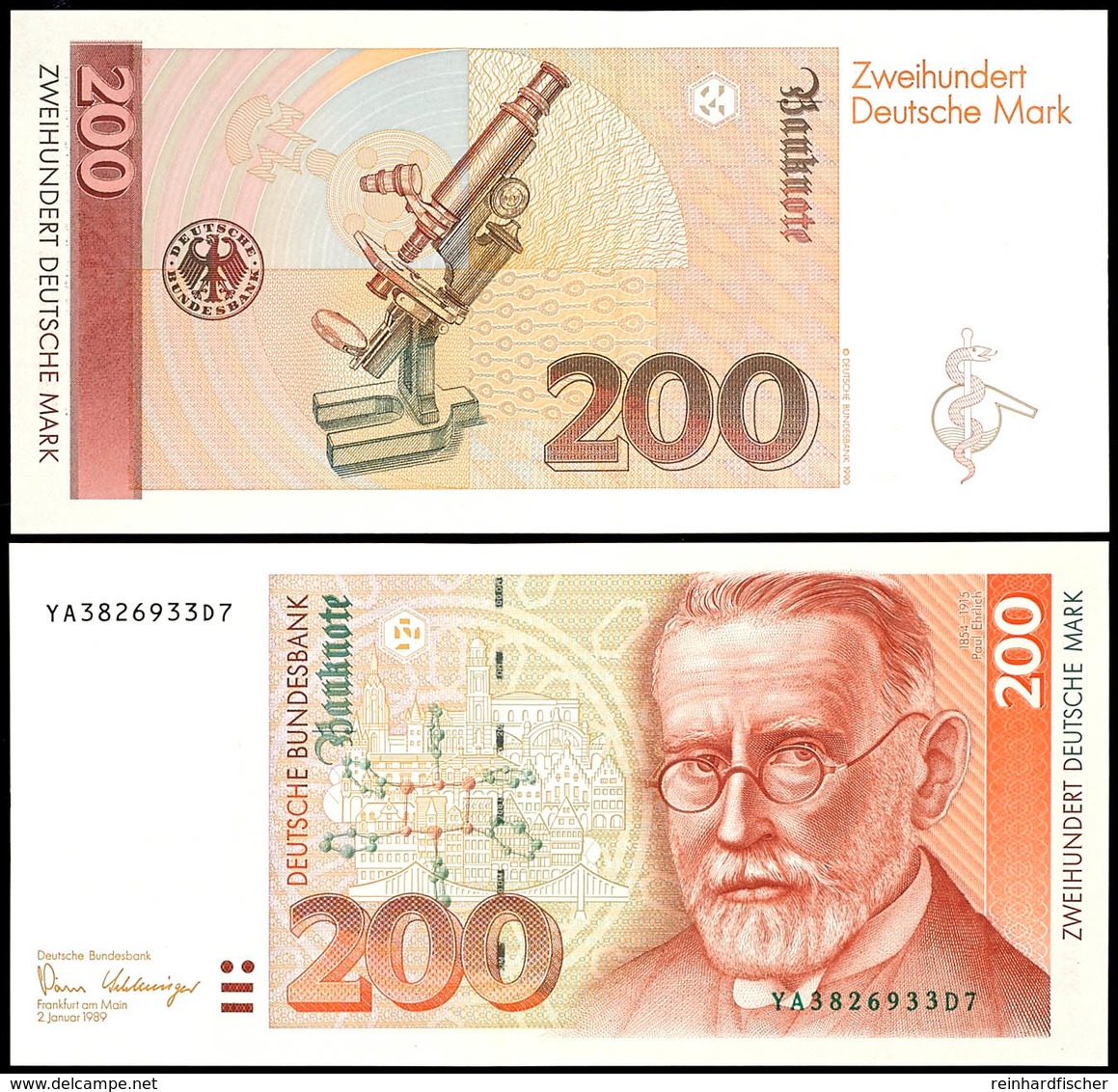 200 Deutsche Mark, Bundesbanknote, 2.1.1989, Austauschnote, Serie YA3826933D7, Ro. 295 B, Erhaltung I., Katalog: Ro.295b - Other & Unclassified