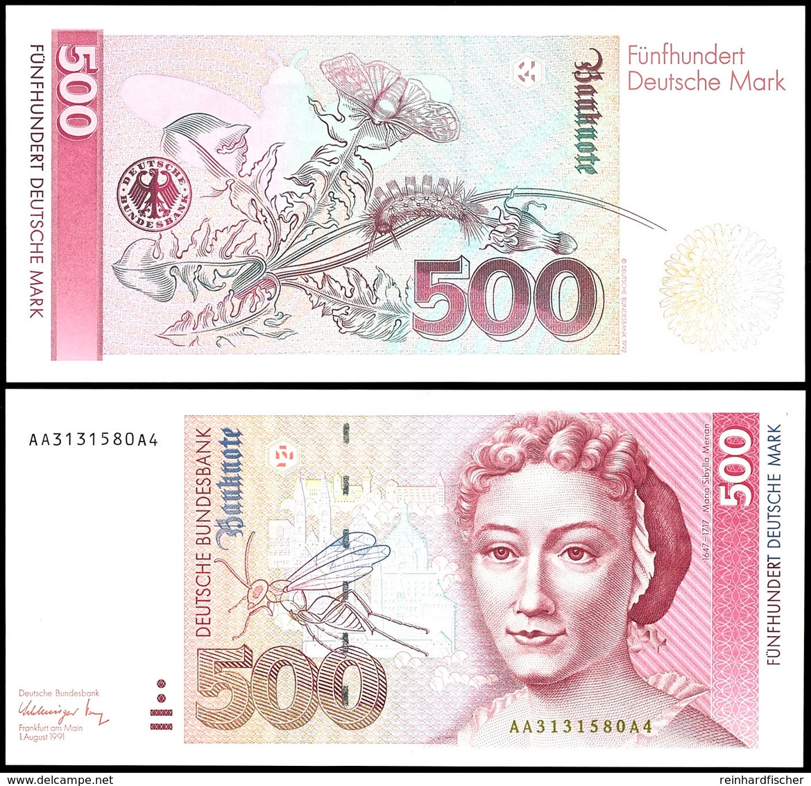 500 Deutsche Mark, Bundesbanknote, 1.8.1991, AA 3131580A4, Ro. 301 A, Kassenfrisch, Erhaltung I., Katalog: Ro.301a I - Other & Unclassified