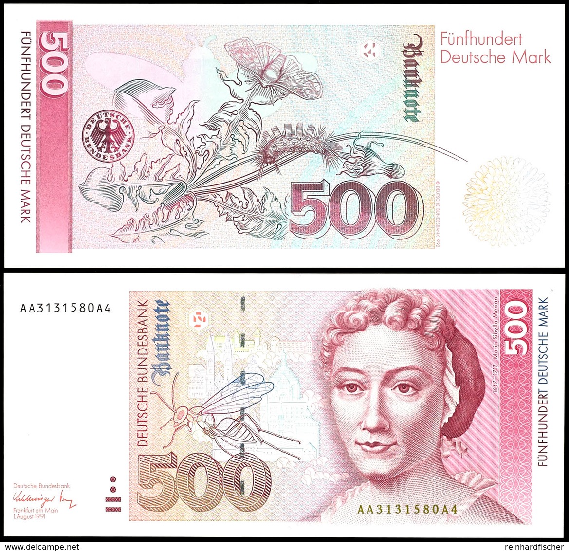 500 Deutsche Mark, Bundesbanknote, 1.8.1991, AA 3131580A4, Ro. 301 A, Kassenfrisch, Erhaltung I., Katalog: Ro.301a I - Altri & Non Classificati