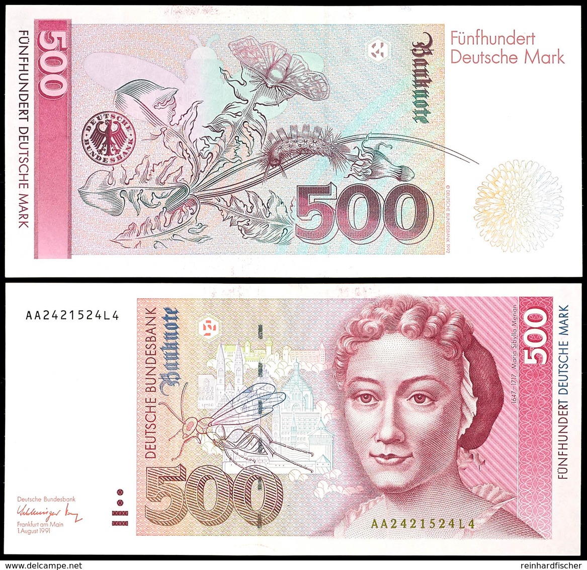 500 Deutsche Mark, Bundesbanknote, 1.8.1991, Serie AA2421524L4, Ro. 301 A, Erhaltung II., Katalog: Ro.301a II - Other & Unclassified