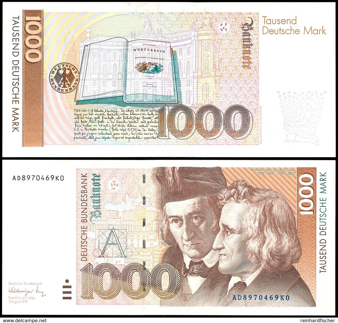 1000 Deutsche Mark, 1.8.1991, Bundesbanknote, Serie AD 8970469K0, Ro. 302 A, Erhaltung I-II., Katalog: Ro.302a I-II - Other & Unclassified