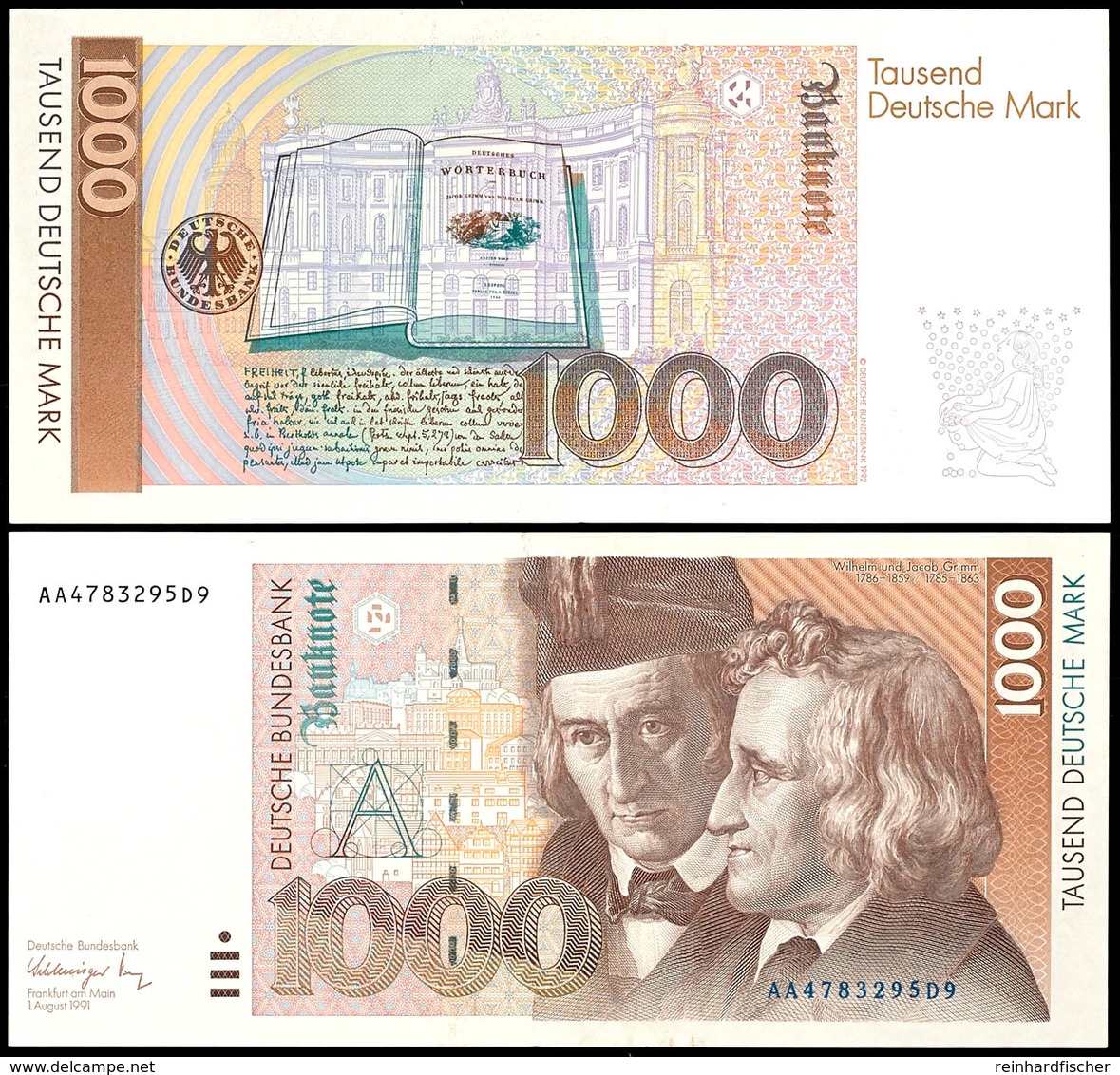 1000 Deutsche Mark, Bundesbanknote, 1.8.1991, Serie AA4783295D9, Ro. 302 A, Erhaltung I-II., Katalog: Ro.302a I-II - Sonstige & Ohne Zuordnung
