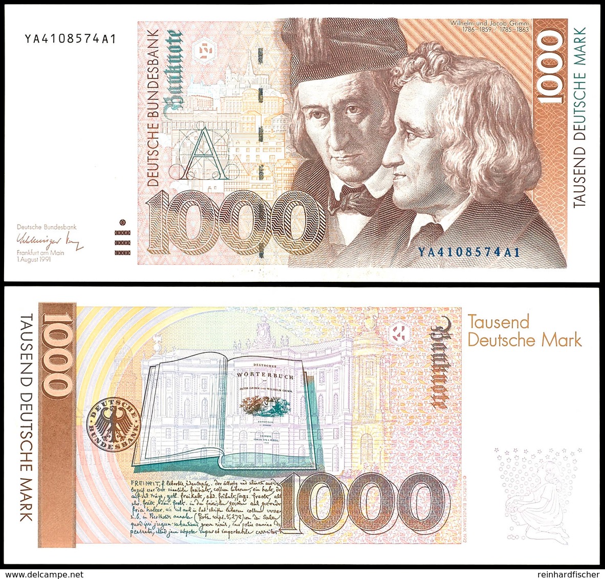 1000 Deutsche Mark, Bundesbanknote, 1.8.1991, Austauschnote Bundesdruckerei, Serie YA4108574A1, Ro. 302 B, Erhaltung I-I - Other & Unclassified